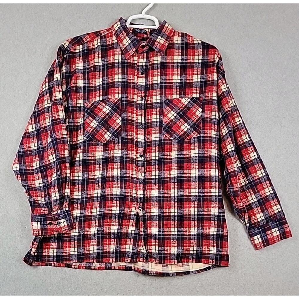 Saugatuck 100% Cotton Red Blue Plaid Flannel Button Up Shirt Men's XL
